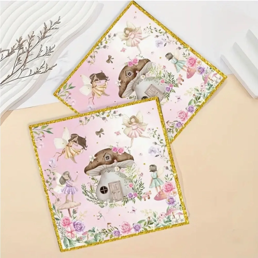Fairy Garden Mushroom Forest House Paper Napkins with Gold Trim, 20pcs
